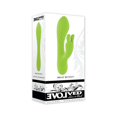 Evolved Brat Bunny Rabbit Vibrator Green packaging showcasing a bold green design with dual motors.