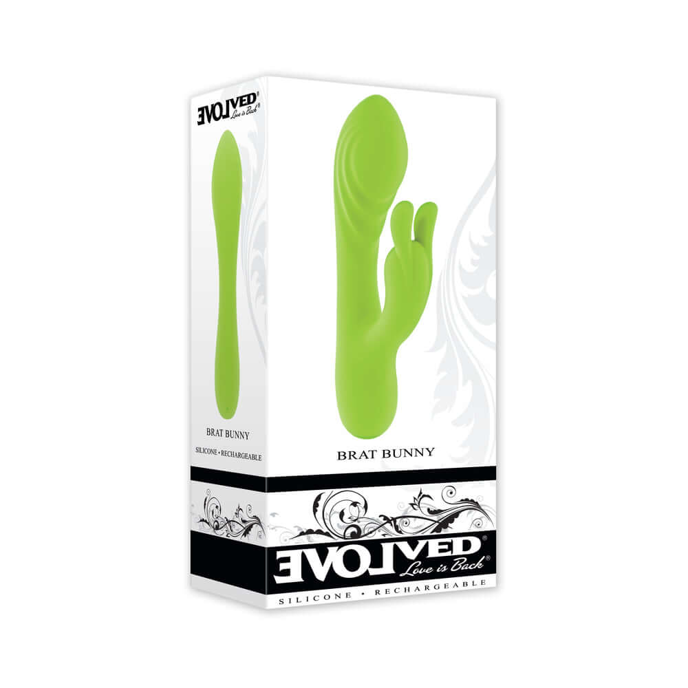 Evolved Brat Bunny Rabbit Vibrator Green packaging showcasing a bold green design with dual motors.