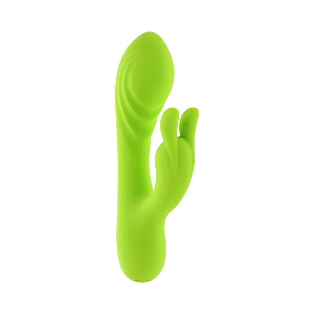 Evolved Brat Bunny Rabbit Vibrator Green in vibrant green color, designed for dual stimulation and textured G-spot head.