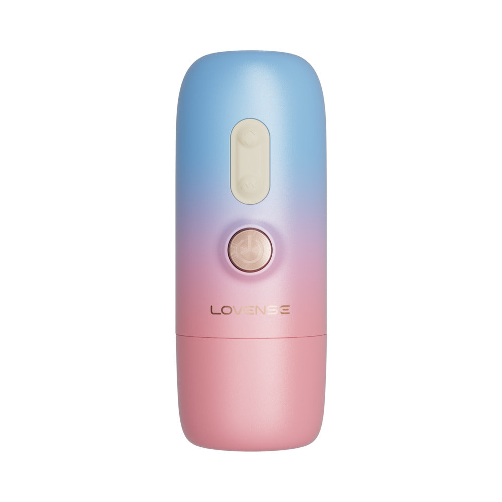 Lovense Spinel Thrusting Vibrating Dildo remote control device in blue and pink gradient design.