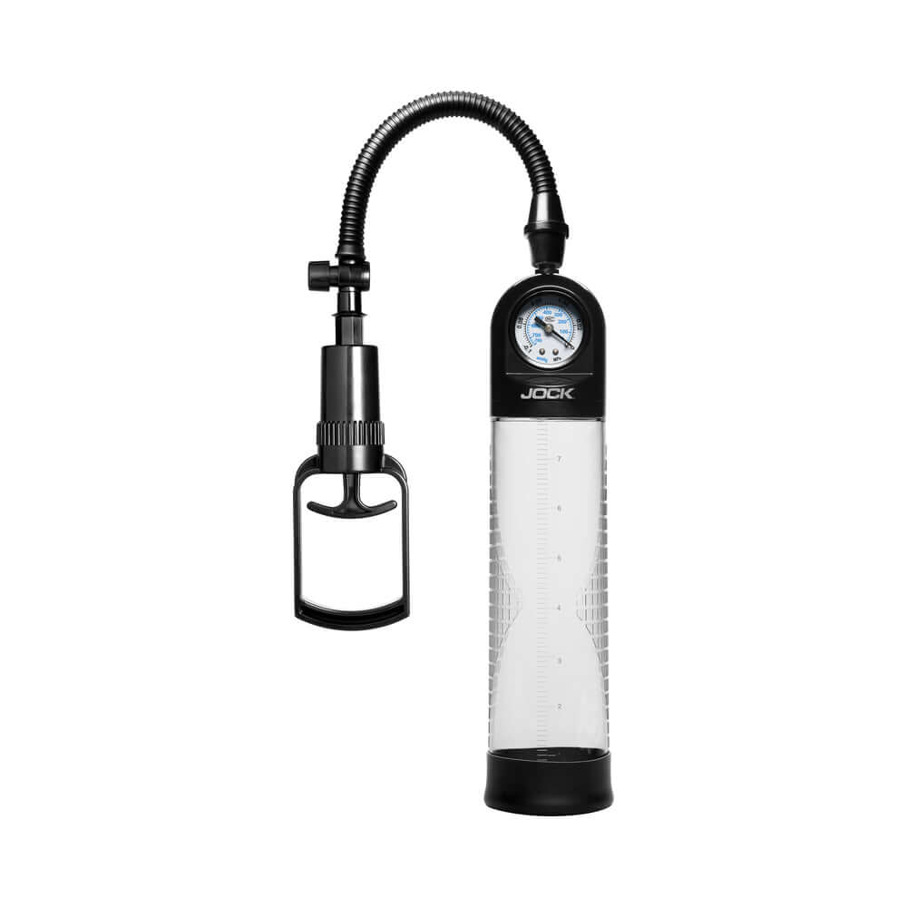 JOCK Pump Up Gauge Penis Pump with Pull Rod for performance enhancement and training with a built-in pressure gauge.