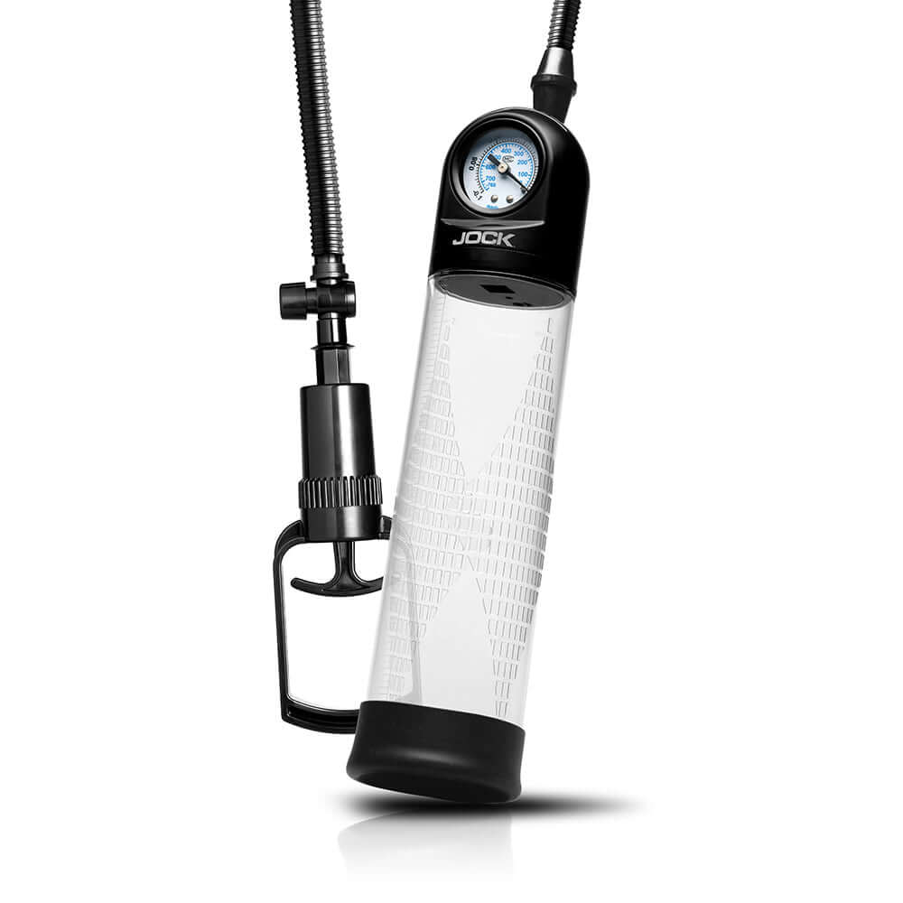 JOCK Pump Up Gauge Penis Pump with Pull Rod showing vacuum pressure gauge and pull rod for performance enhancement.