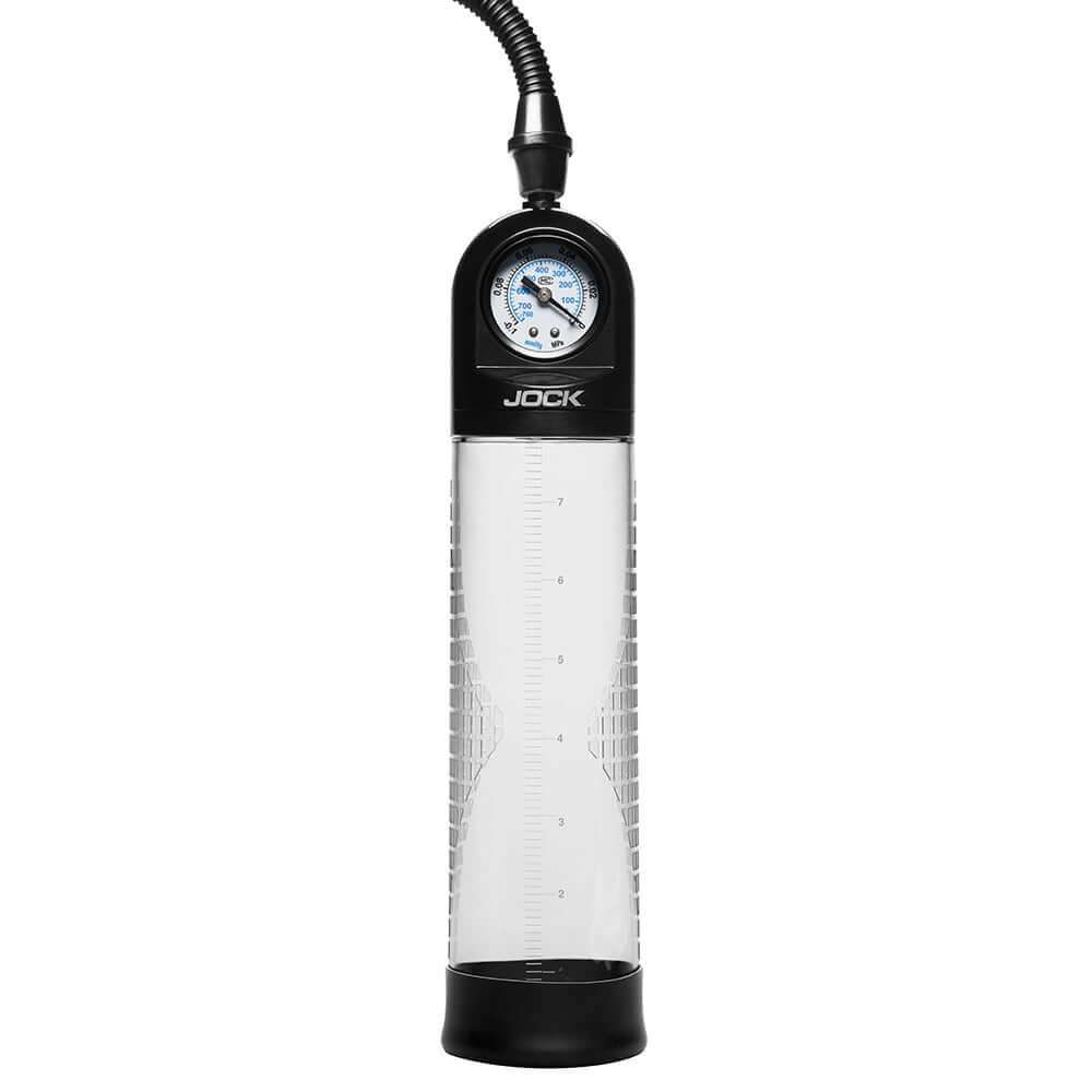 JOCK Pump Up Gauge Penis Pump with Pull Rod displaying vacuum gauge for performance enhancement and training.