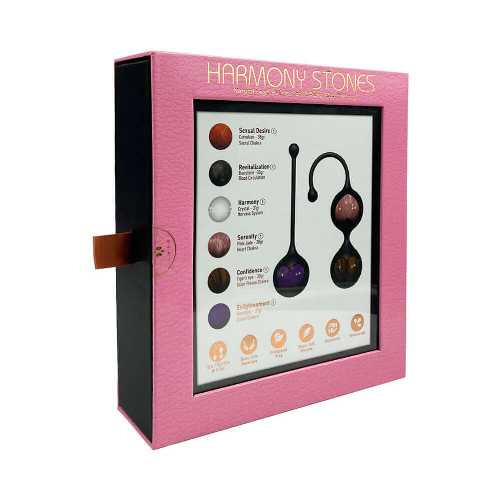 Adrien Lastic Harmony Stones Kegel and Chakra Set packaging displaying six natural stones for intimate wellness and chakra alignment.