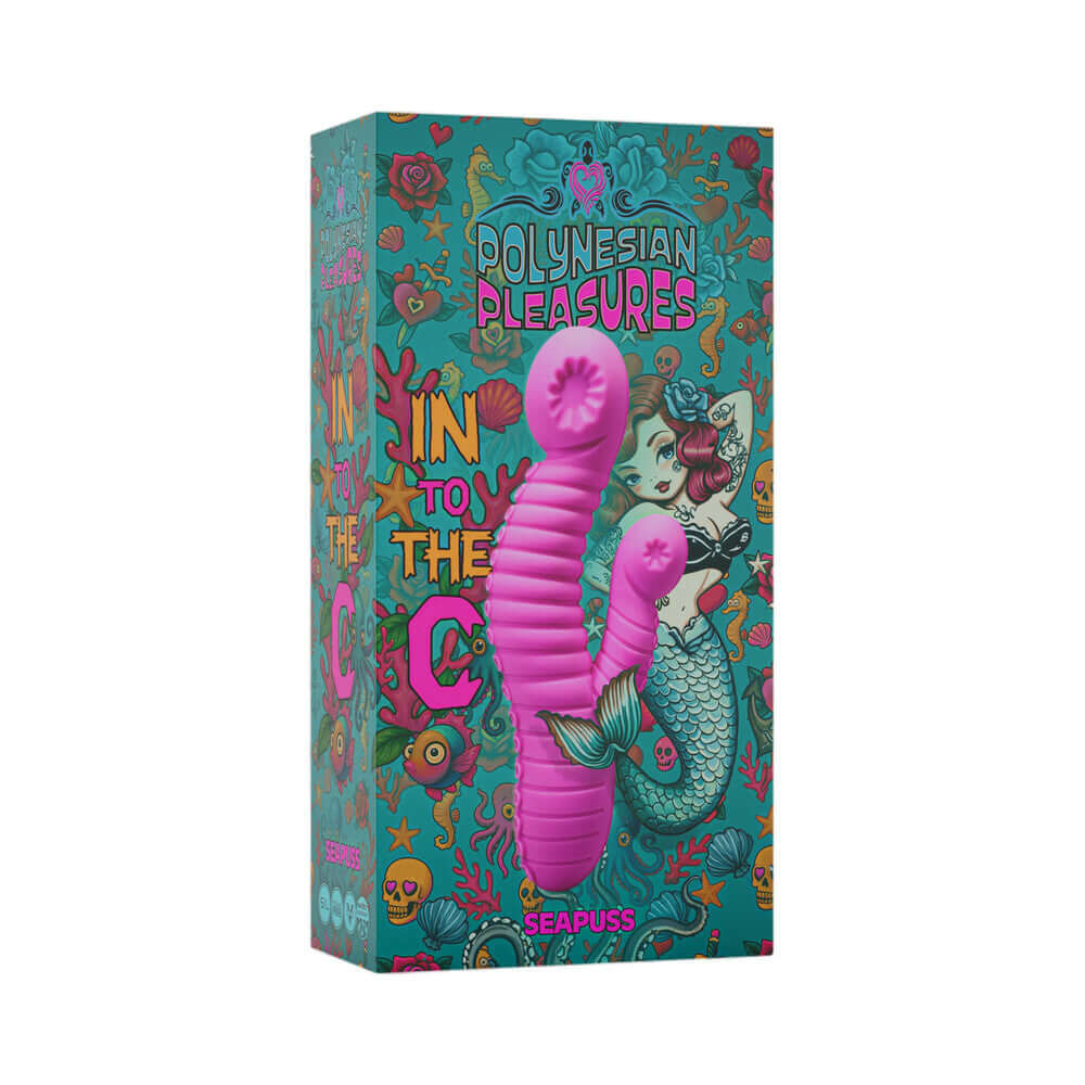Polynesian Pleasures Into The C Seapuss Purple vibrator packaging featuring vibrant colors and unique design.