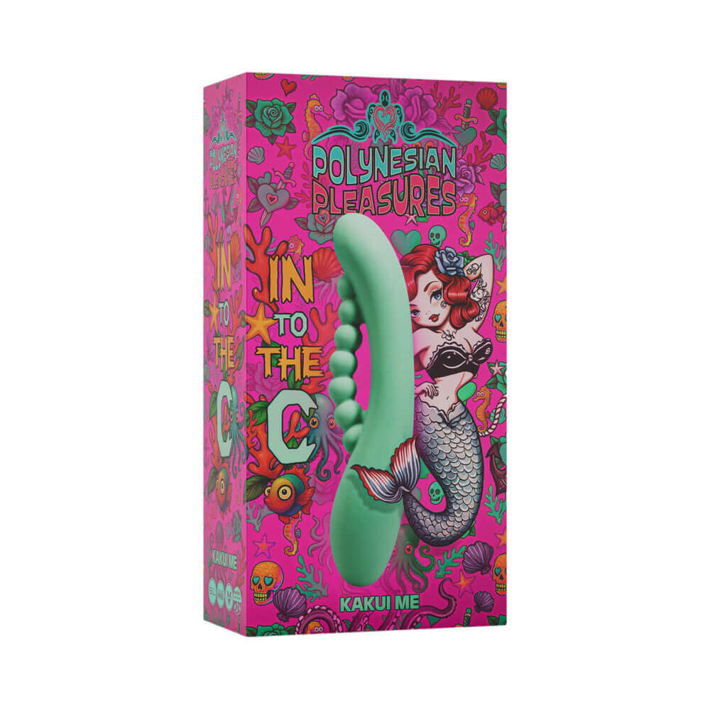 Polynesian Pleasures Into The C Kakui Me Kelp Green vibrator packaging with vibrant ocean-themed design.
