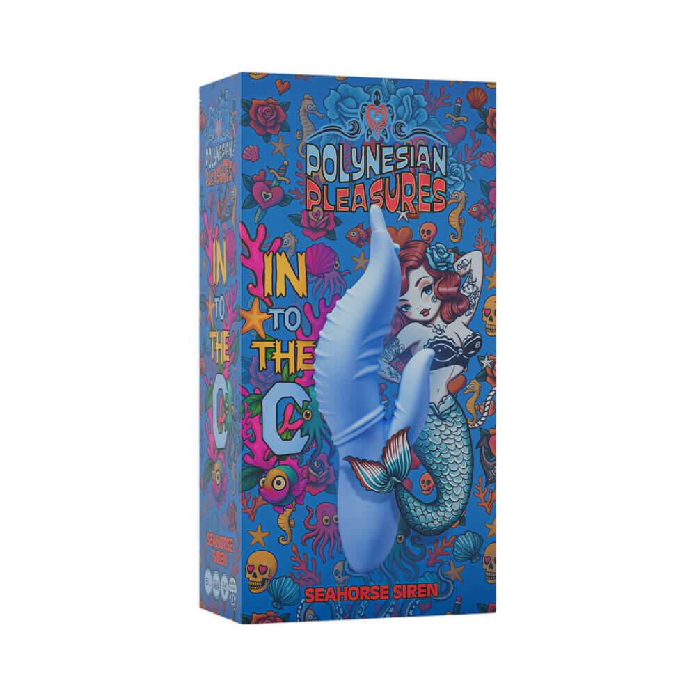 Polynesian Pleasures Into The C Seahorse Siren Maui Blue packaging with colorful design and seahorse illustration.