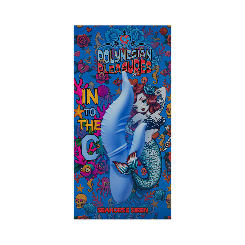 Polynesian Pleasures Into The C Seahorse Siren Maui Blue packaging with vibrant colors and playful designs.