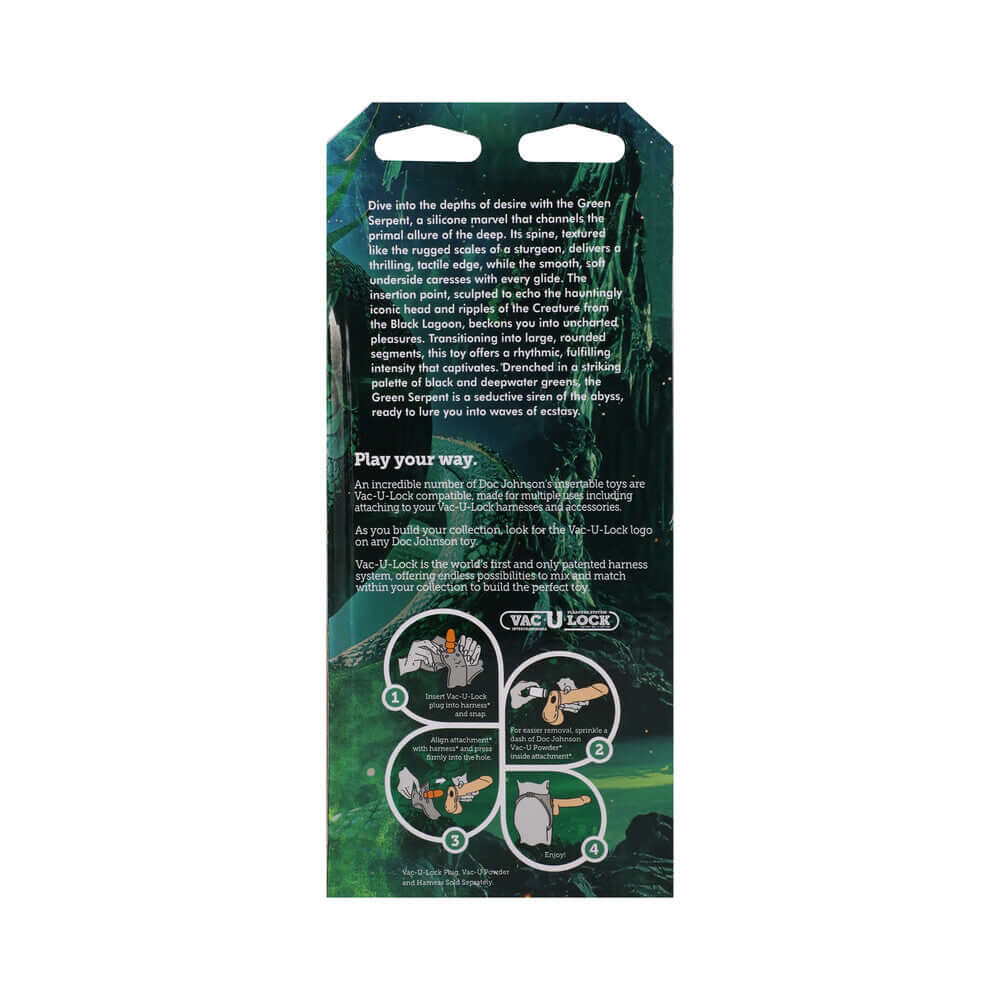 Vac-U-Lock x Fantasy Fuckers Green Serpent product packaging instructions for adventurous users.