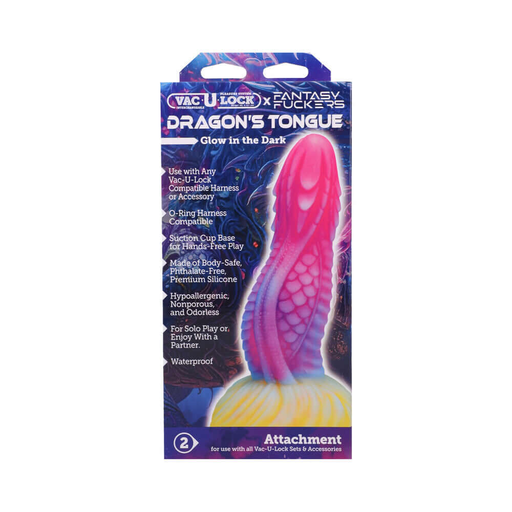 Vac-U-Lock x Fantasy Fuckers Glow-in-the-Dark Dragons Tongue packaging showcasing vibrant design and features.