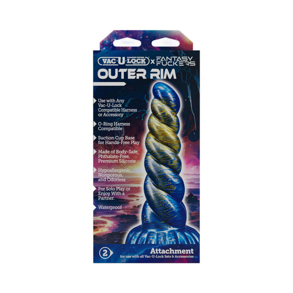 Vac-U-Lock x Fantasy Fuckers Outer Rim Blue Gold dildo packaging highlighting features and colors.