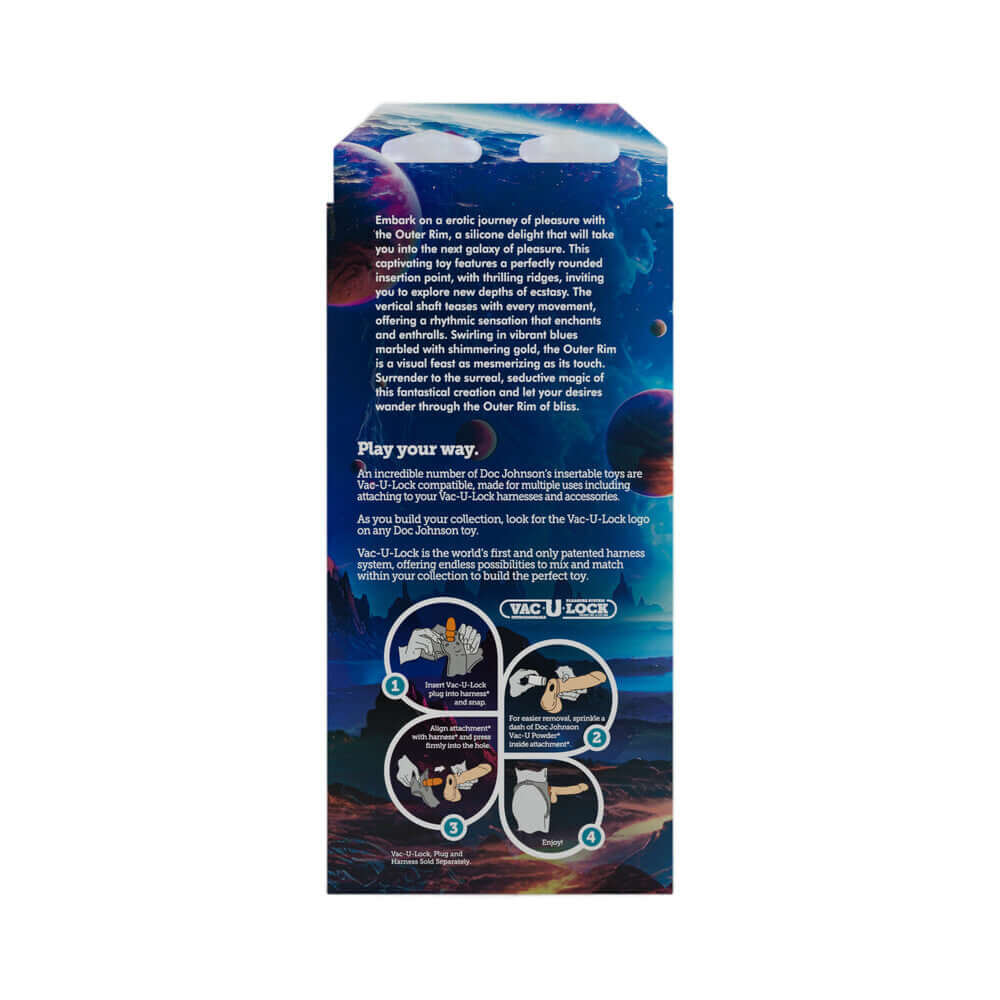 Vac-U-Lock x Fantasy Fuckers Outer Rim Blue Gold product packaging showcasing features and fantasy-themed design.