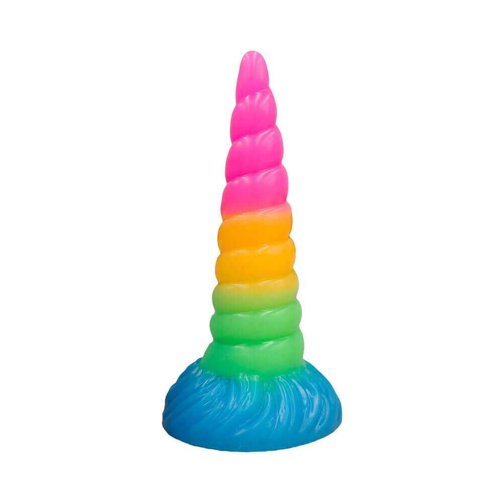 Vac-U-Lock Fantasy Fuckers Celestial Unicorn Horn Glowing Dildo in vibrant rainbow colors.