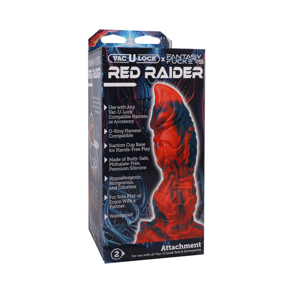 Vac-U-Lock Fantasy Fuckers Red Raider Silicone Dildo Red packaging with features and usage instructions.