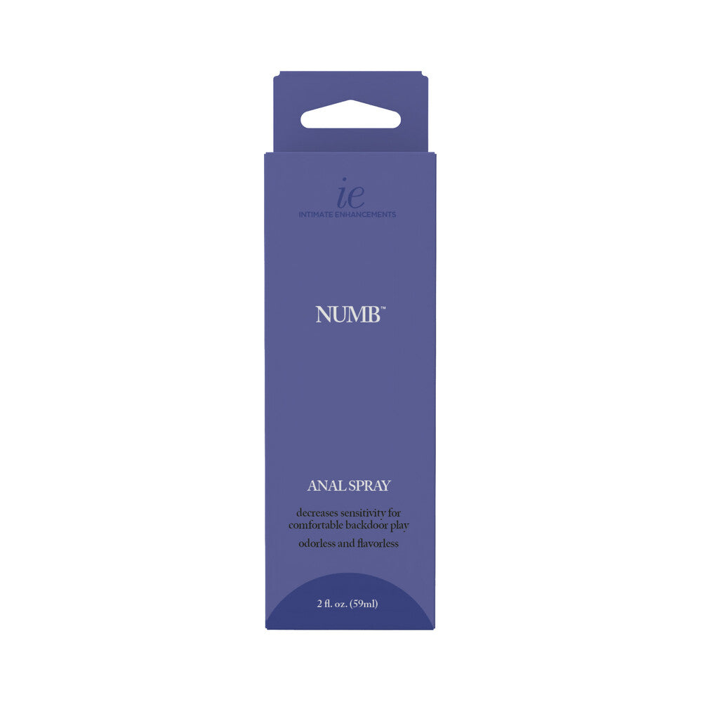 Intimate Enhancements Numb Anal Numbing Spray 2 Oz packaging, desensitizing spray for comfortable anal play.