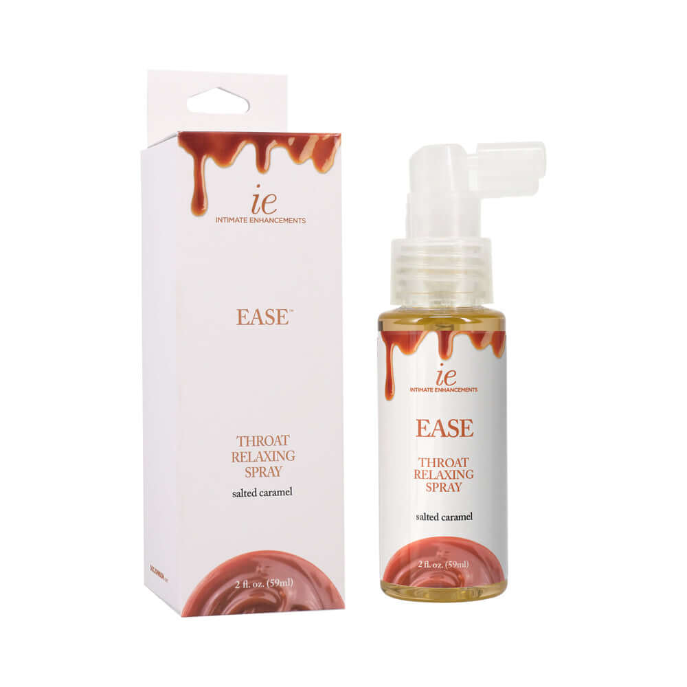Ease Throat Relaxing Spray Salted Caramel 2 Oz bottle and packaging displayed together.