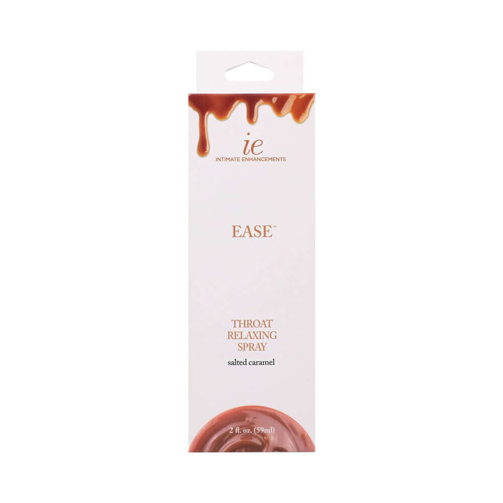 Ease Throat Relaxing Spray Salted Caramel 2 Oz packaging featuring salted caramel flavor and numbing agent for comfort.