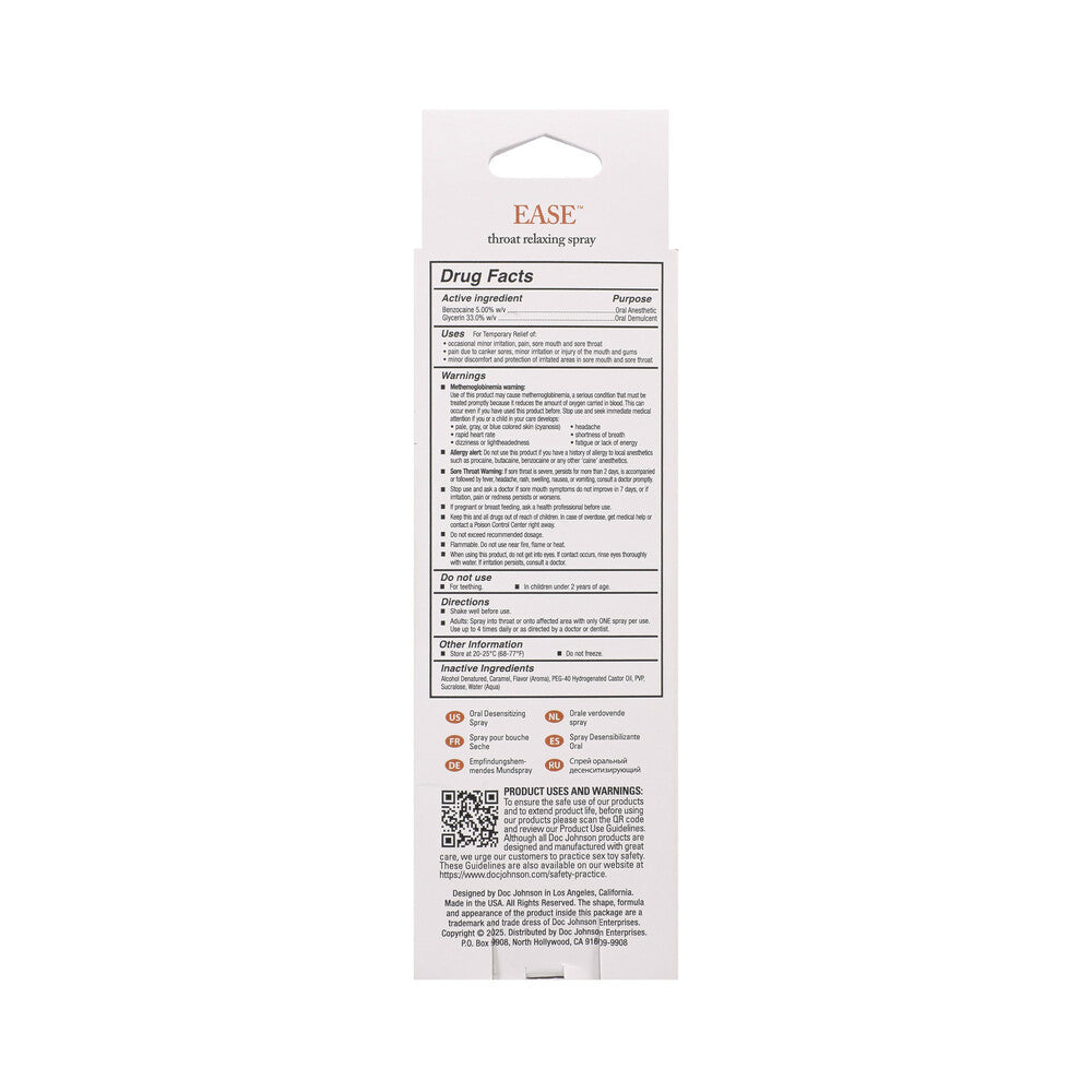 Ease Throat Relaxing Spray Salted Caramel 2 Oz packaging showing drug facts and usage instructions.