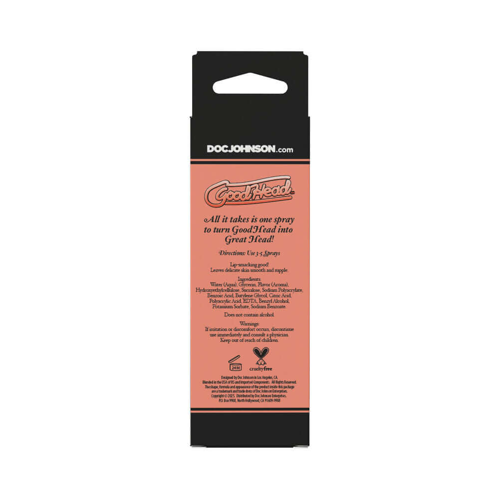 GoodHead Juicy Head Cocktails Dry Mouth Spray Peach 2 Oz packaging with usage instructions and product details.