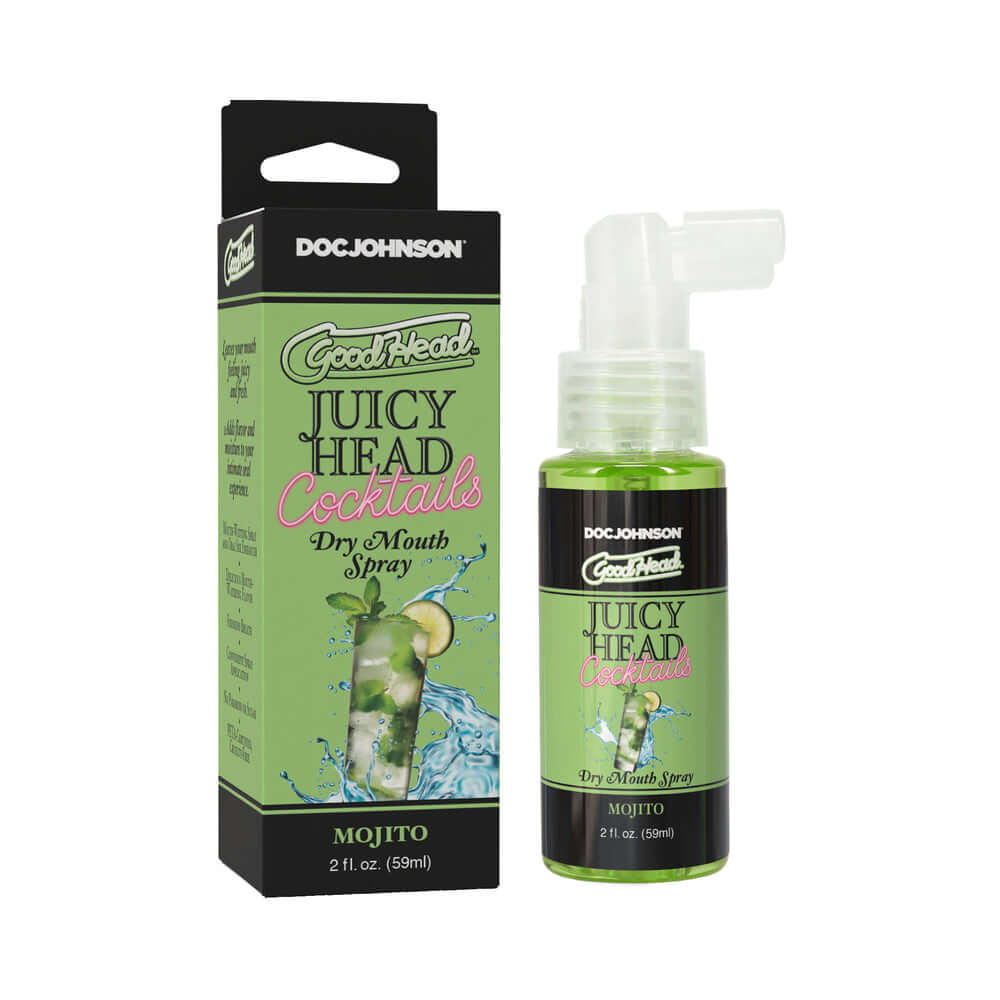 GoodHead Juicy Head Cocktails Dry Mouth Spray Mojito 2 Oz in packaging and spray bottle on display.