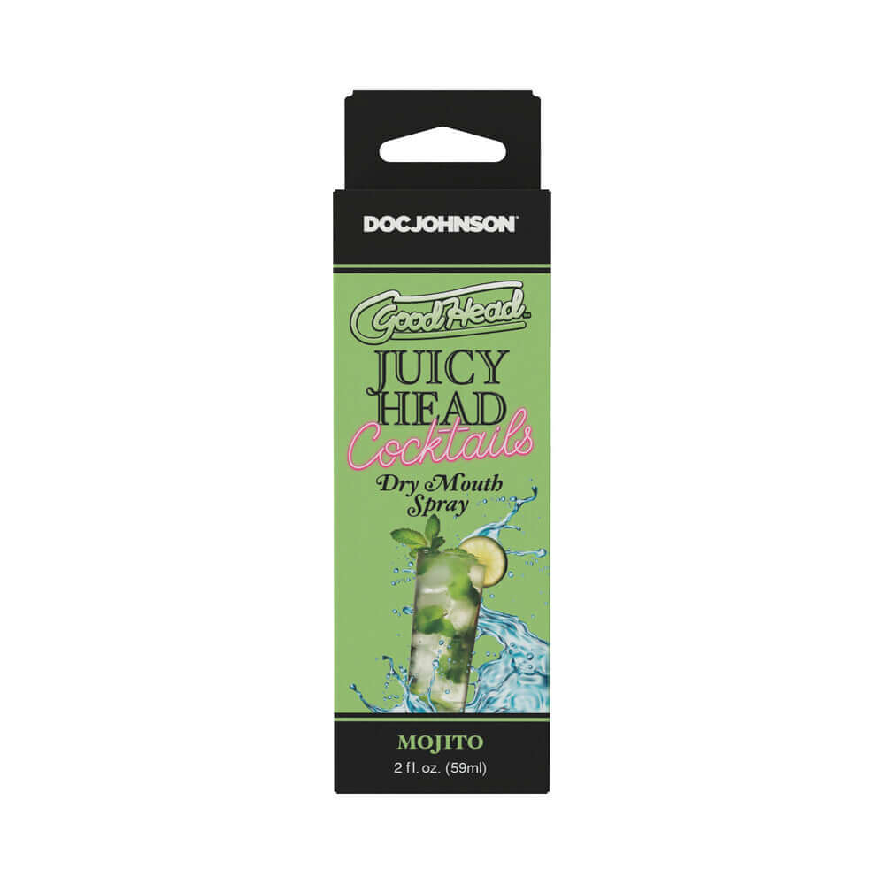 GoodHead Juicy Head Cocktails Dry Mouth Spray Mojito 2 Oz packaging with mint leaves and cocktail imagery.