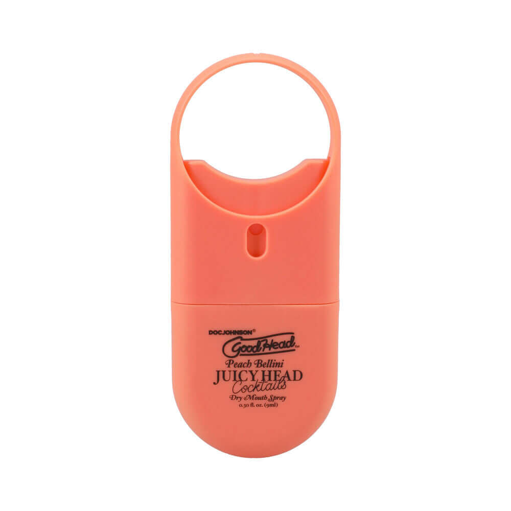 GoodHead Juicy Head Cocktails Dry Mouth Spray Peach packaging in a compact size for on-the-go hydration.