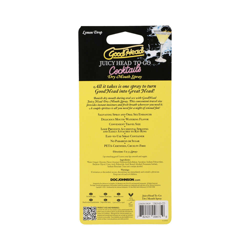 GoodHead Juicy Head Cocktails Dry Mouth Spray To-Go Lemon Drop product packaging back view detailing usage and flavor.