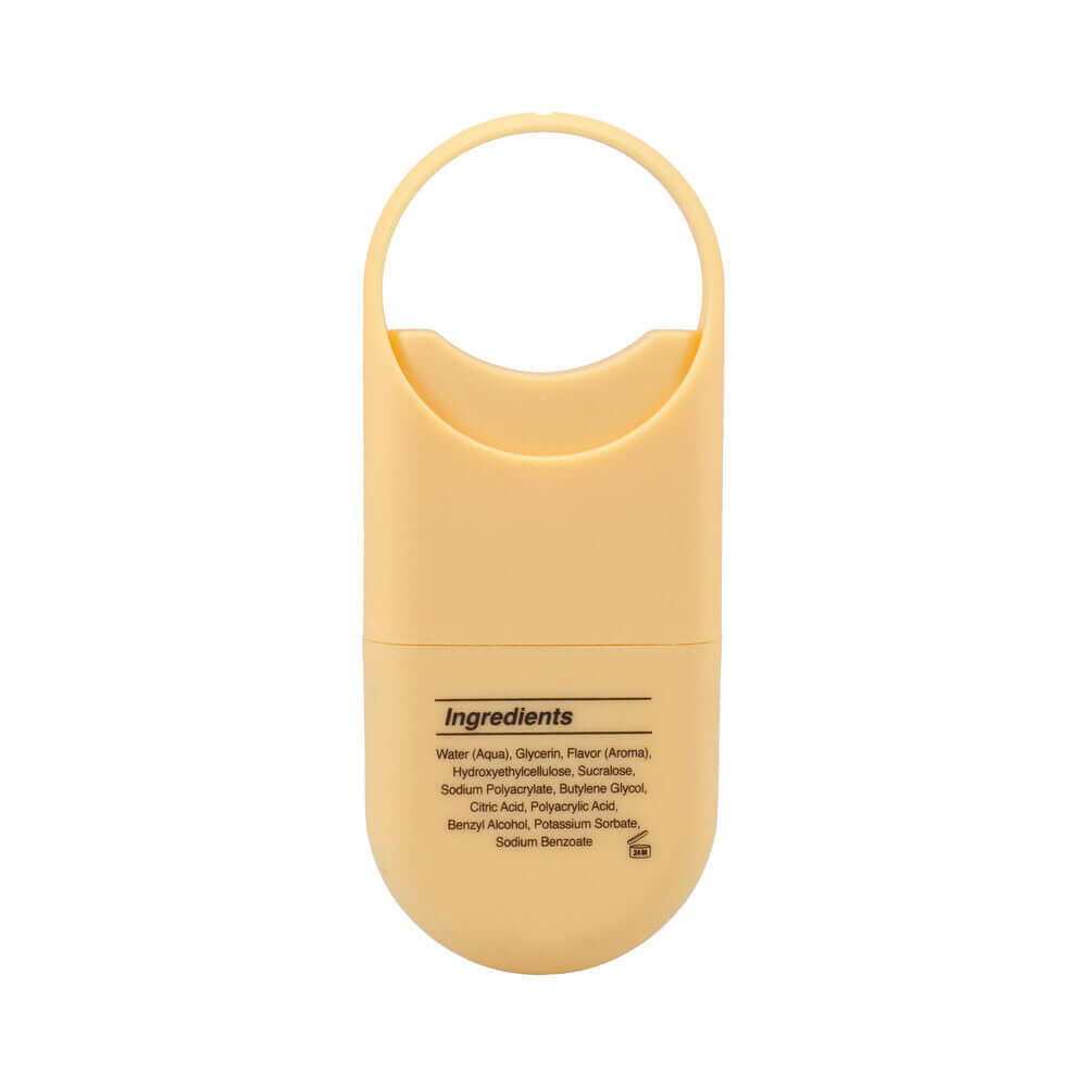 Ingredients list for GoodHead Dry Mouth Spray To-Go Strawberries & Champagne in a yellow container.