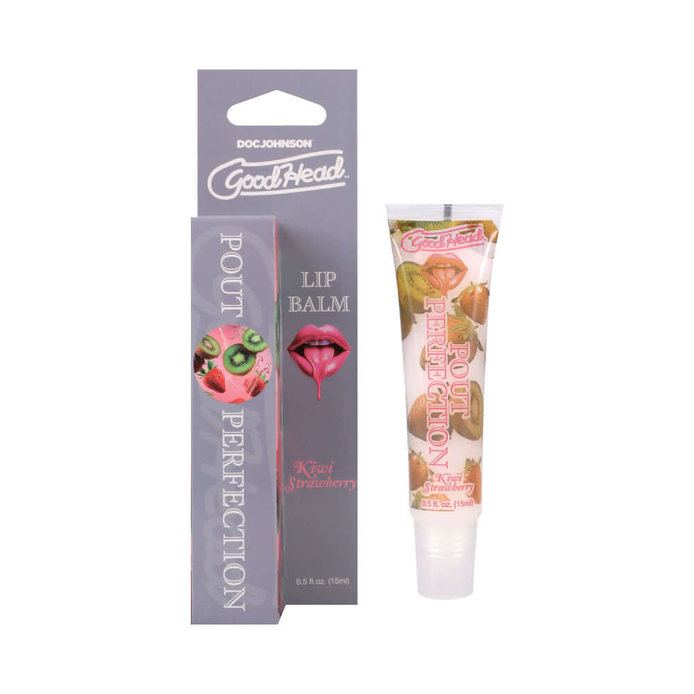 GoodHead Pout Perfection Lip Balm Kiwi Strawberry packaging and tube with kiwi and strawberry design.