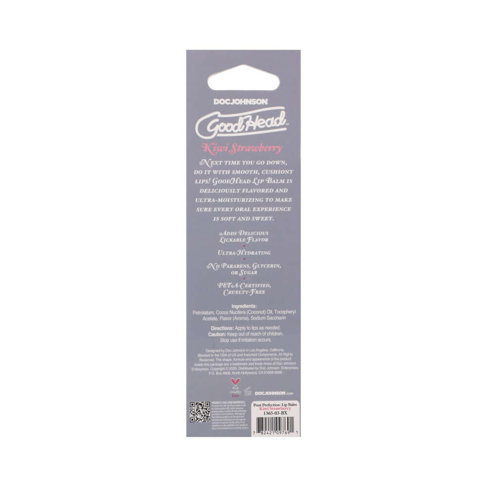 GoodHead Pout Perfection Lip Balm Kiwi Strawberry packaging featuring product details and benefits.