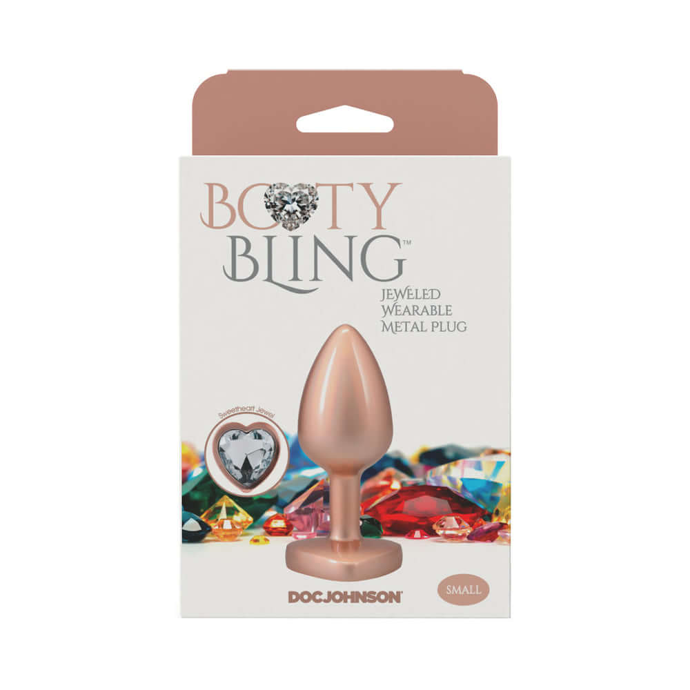 Booty Bling Heart Diamond Jeweled Metal Plug Gold Small packaging design featuring a shiny small plug with jewel details.