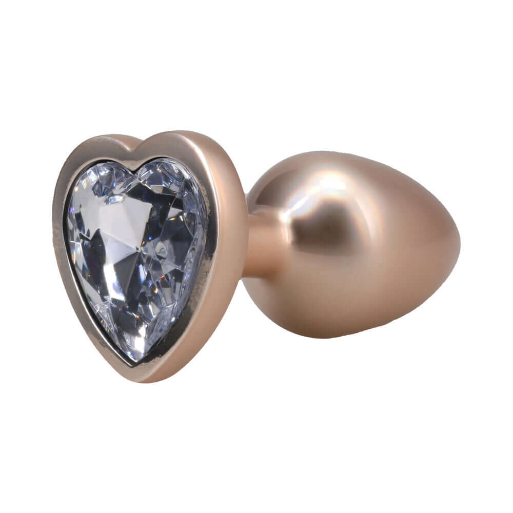 Booty Bling Heart Diamond Jeweled Metal Plug Gold Medium with heart jewel design and polished metal body.