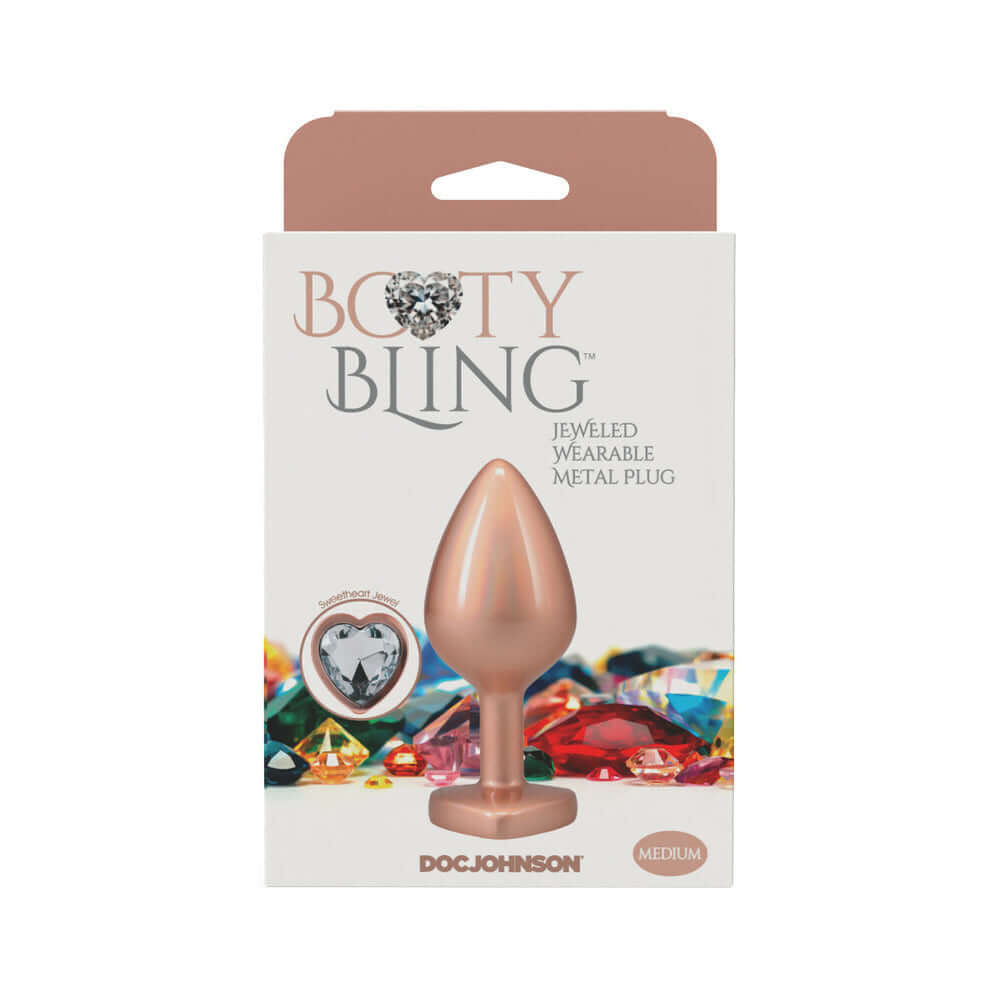 Booty Bling Heart Diamond Jeweled Metal Plug Gold Medium packaging image with elegant jewel tones.