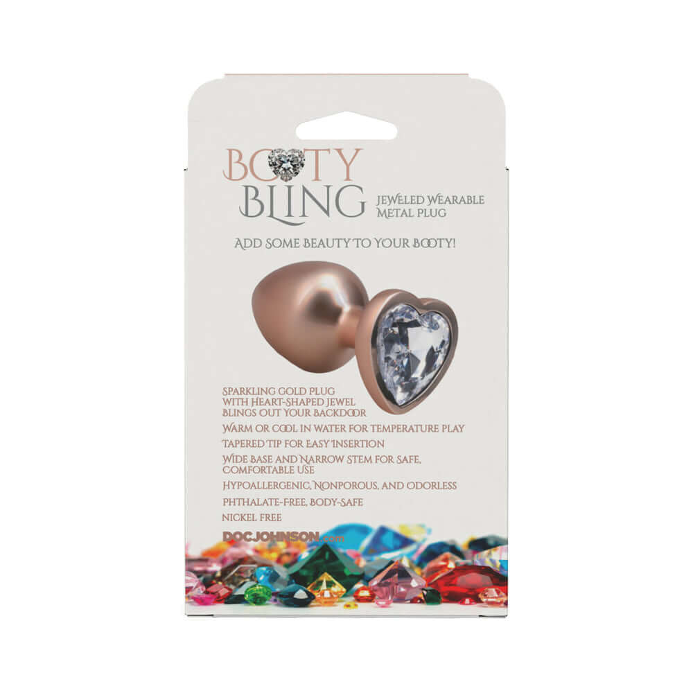 Booty Bling Heart Diamond Jeweled Metal Plug Gold Medium packaging featuring a sparkling gold plug with heart-shaped jewel.