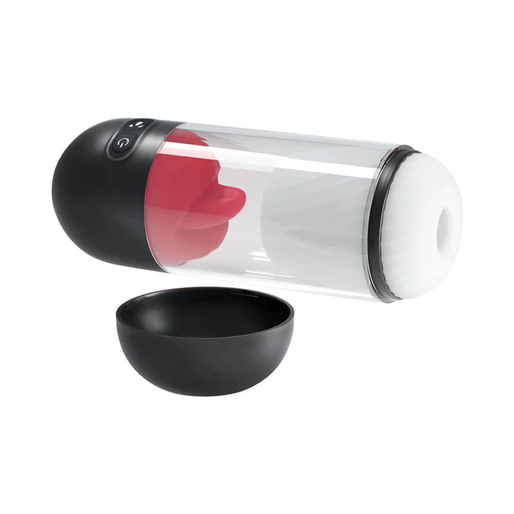 Delite Masturbator with Tongue Action White displayed with a clear container and soft lifelike tongue for intense stimulation.