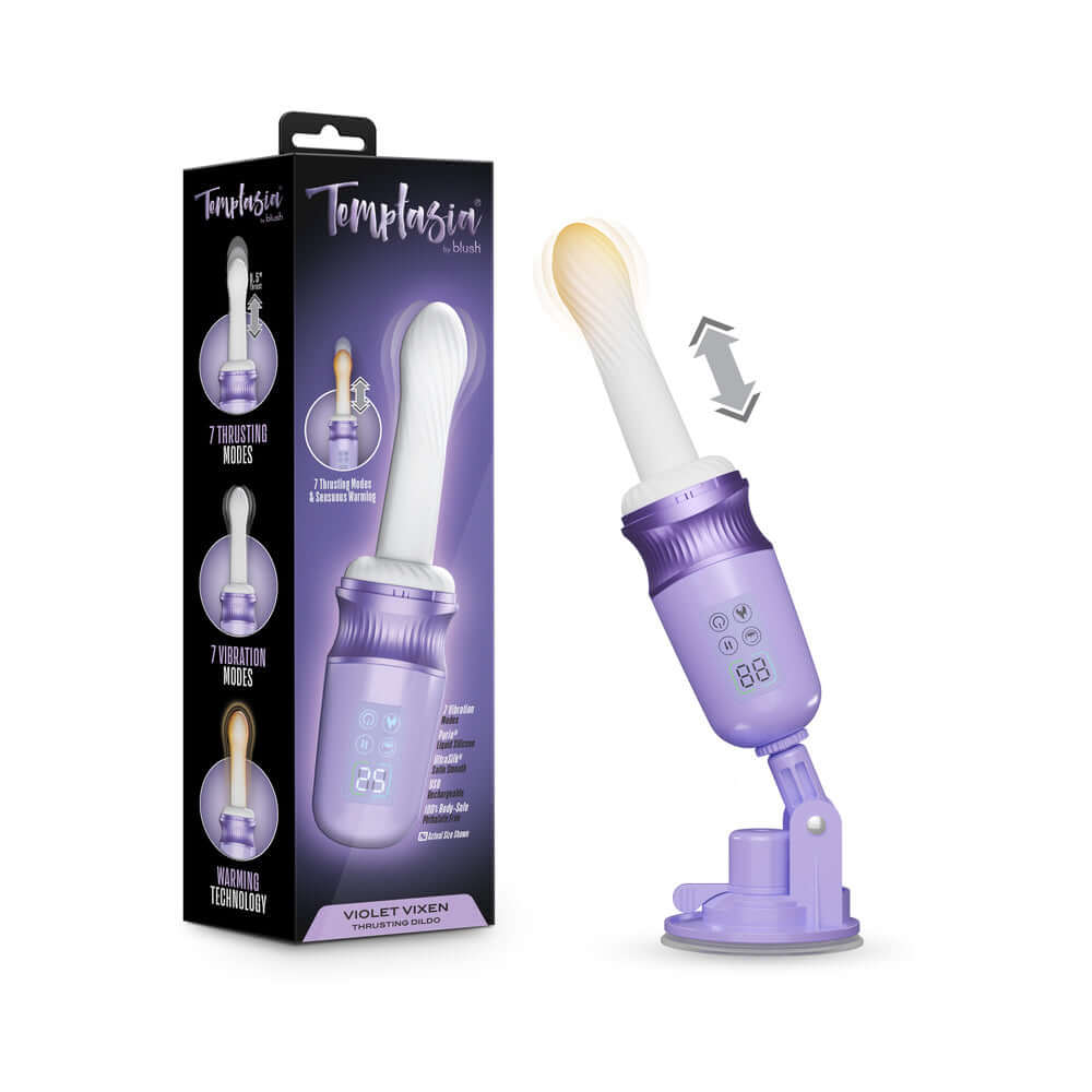 Temptasia violet Vixen Thrusting Dildo Vibrator Purple with 7 thrusting modes and vibrant design in packaging.