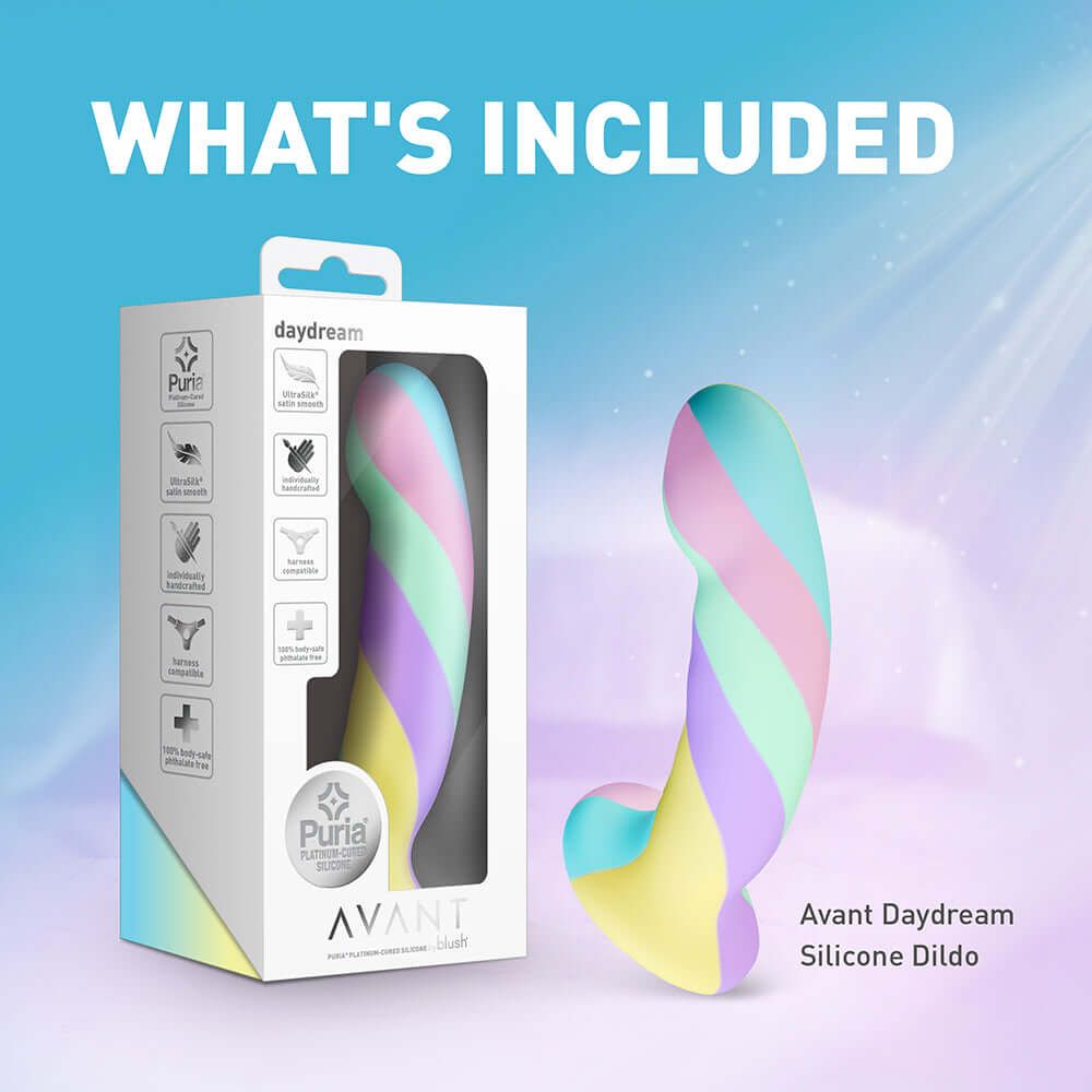 Avant Daydream Silicone Dildo displayed with colorful packaging and the text "What's Included" in the background.