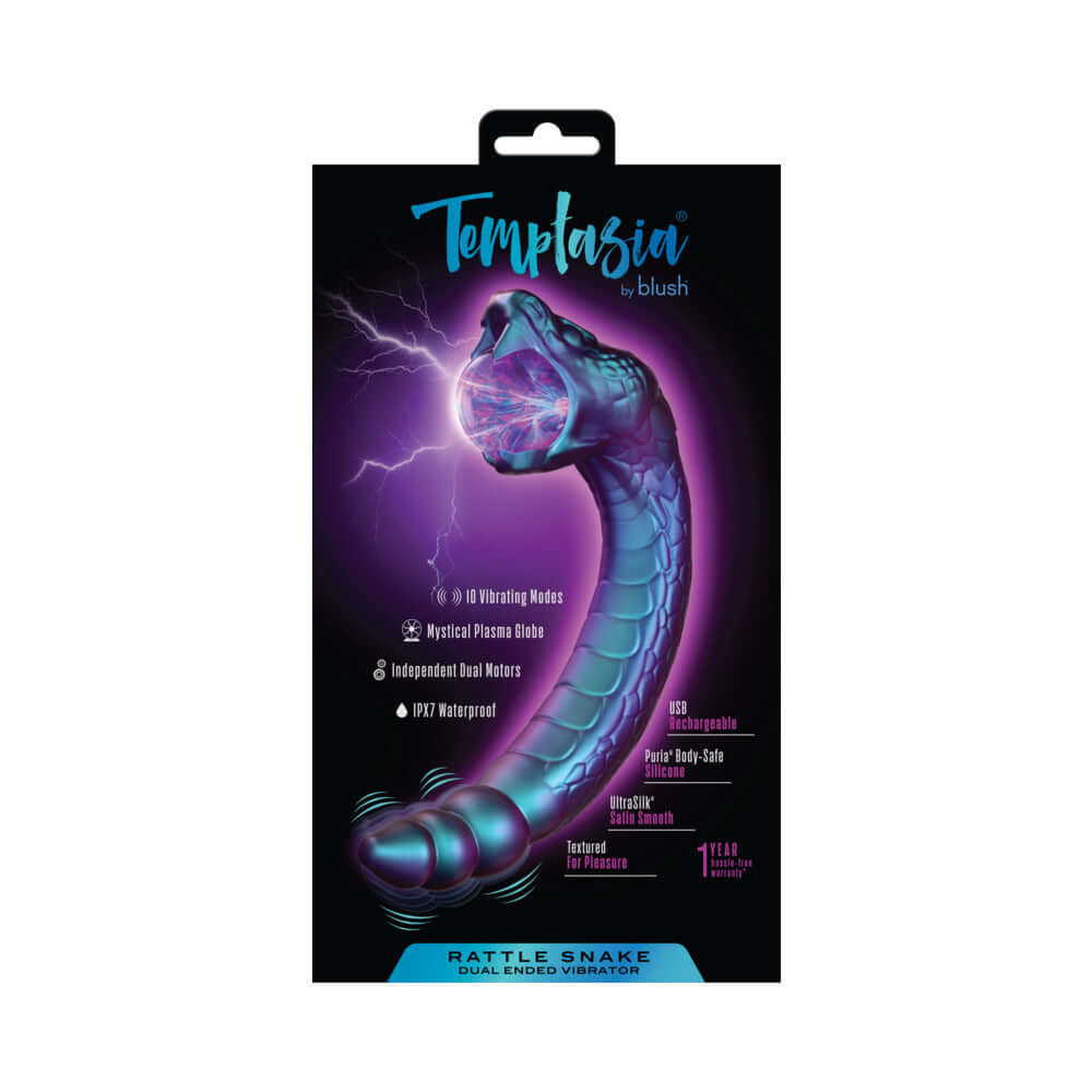 Temptasia Rattle Snake Vibrator Dark Millenia Purple packaging featuring vibrant colors and product details.
