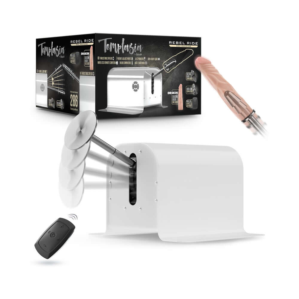 Temptasia Rebel Ride Sex Machine with remote control and thrusting attachments in packaging.