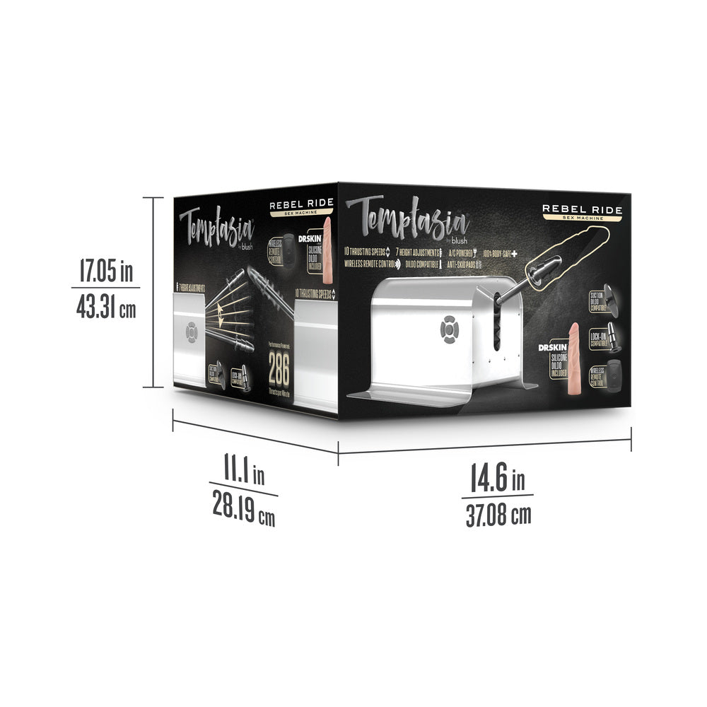 Temptasia Rebel Ride Sex Machine packaging dimensions and features, showcasing power and precision for ultimate pleasure.