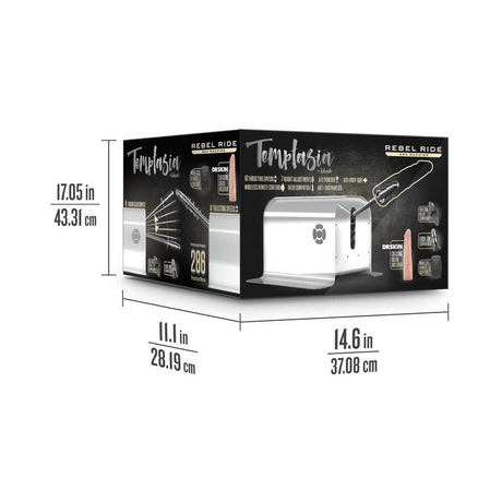 Temptasia Rebel Ride Sex Machine packaging dimensions and features, showcasing power and precision for ultimate pleasure.