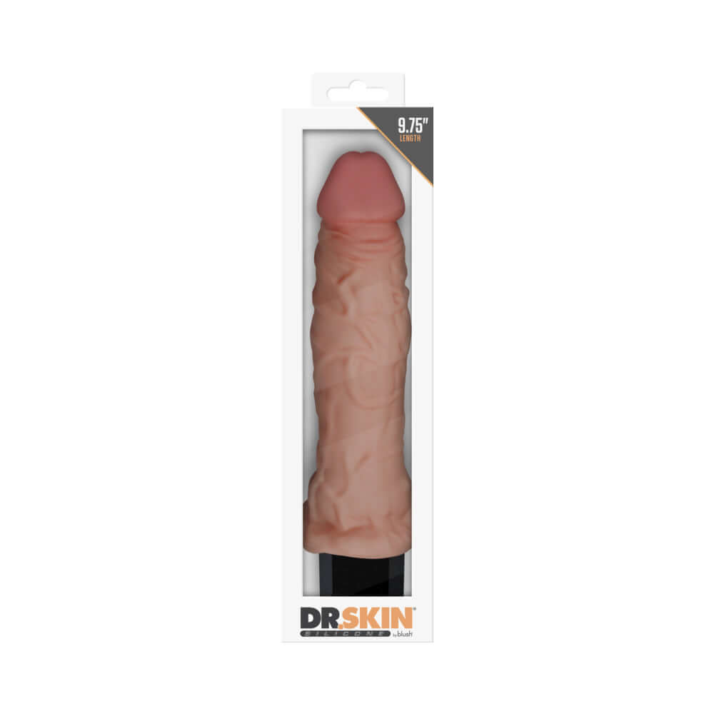 Dr Skin Silicone Dr Webber Vibrating Dildo in packaging, showcasing its realistic design and texture.