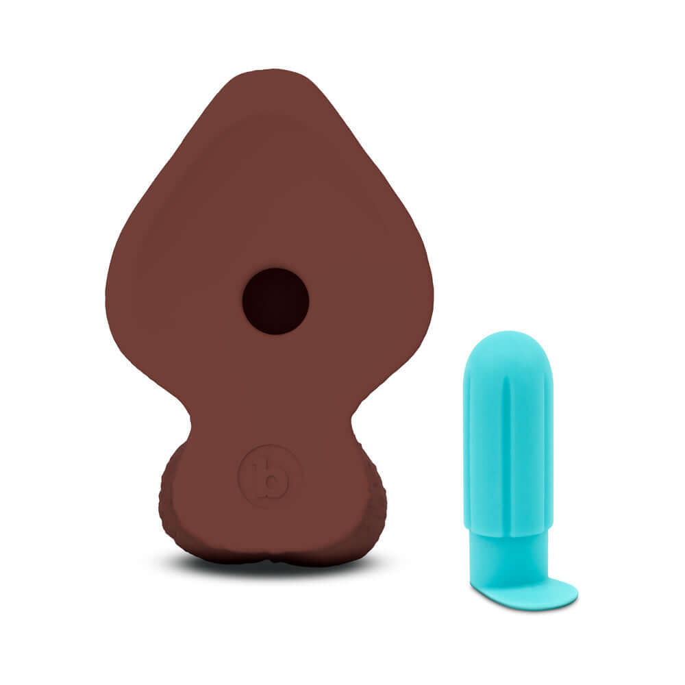 b-Vibe Slipskin Realistic Silicone Dildo 8 inch Girthy Brown next to a blue silicone accessory.