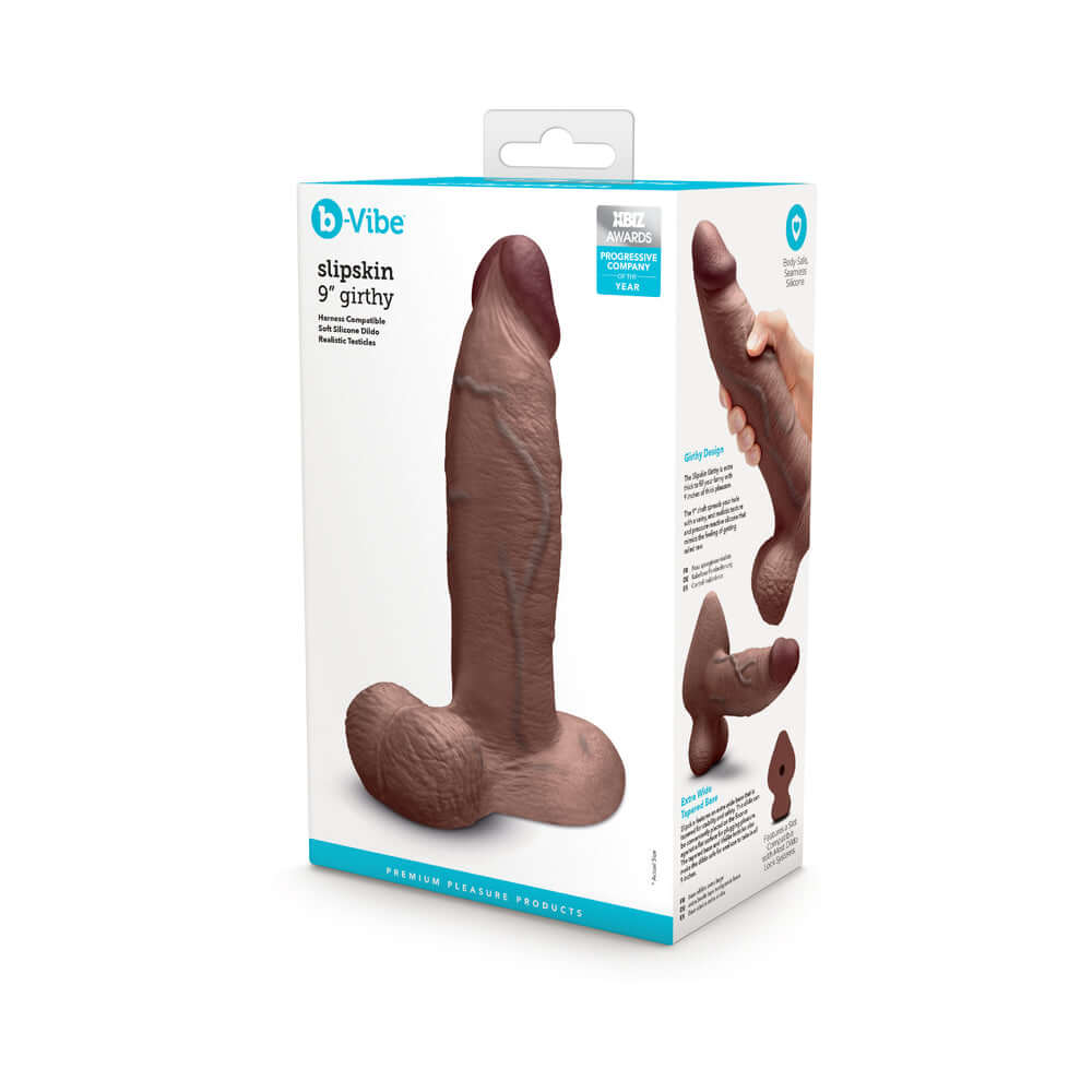 b-Vibe Slipskin Realistic Silicone Dildo 9 inch Girthy Brown packaging showcasing its lifelike design and texture.