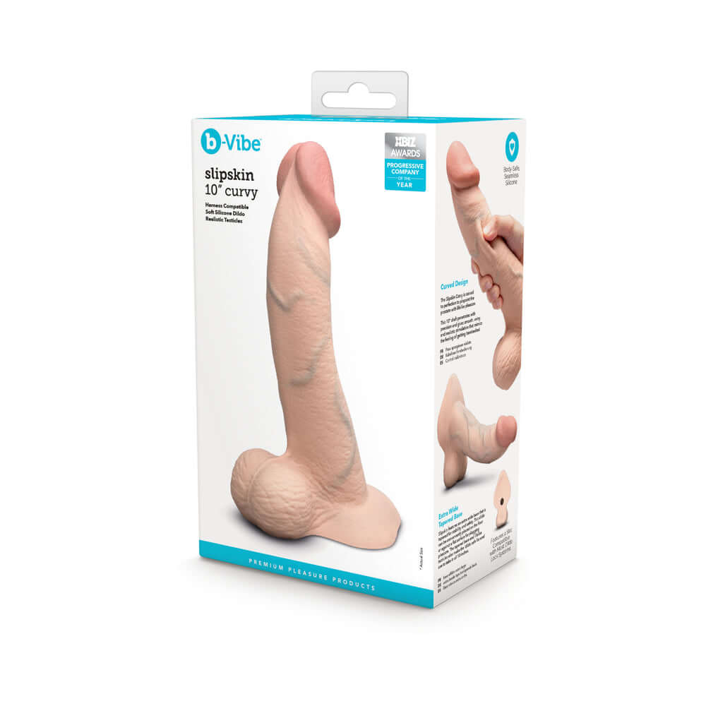 b-Vibe Slipskin Realistic Silicone Dildo 10 inch Curved Cream packaging with detailed design and features.