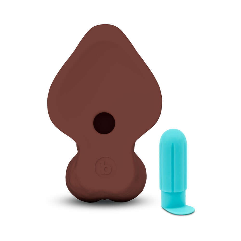 b-Vibe Slipskin Realistic Silicone Dildo 10 inch Curved Brown alongside its blue accessory.
