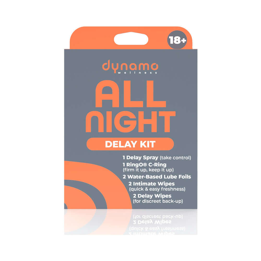 Dynamo Wellness All Night Intimacy Kit including delay spray, C-ring, lube foils, intimate wipes, and delay wipes.