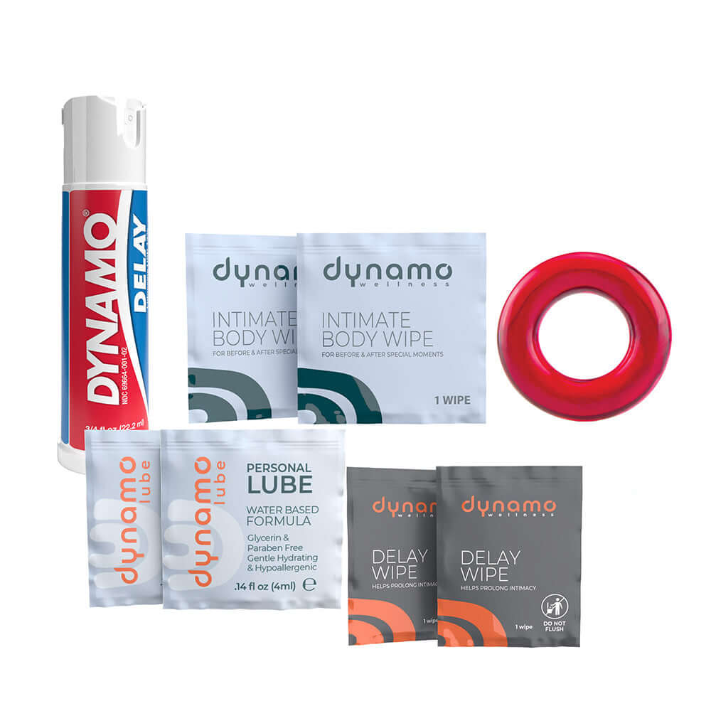 Dynamo Wellness All Night Intimacy Kit featuring delay spray, body wipes, personal lube, and more for enhanced intimacy.