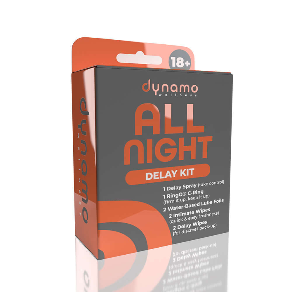 Dynamo Wellness All Night Intimacy Kit packaging featuring delay spray, a ring, lube foils, and intimate wipes.