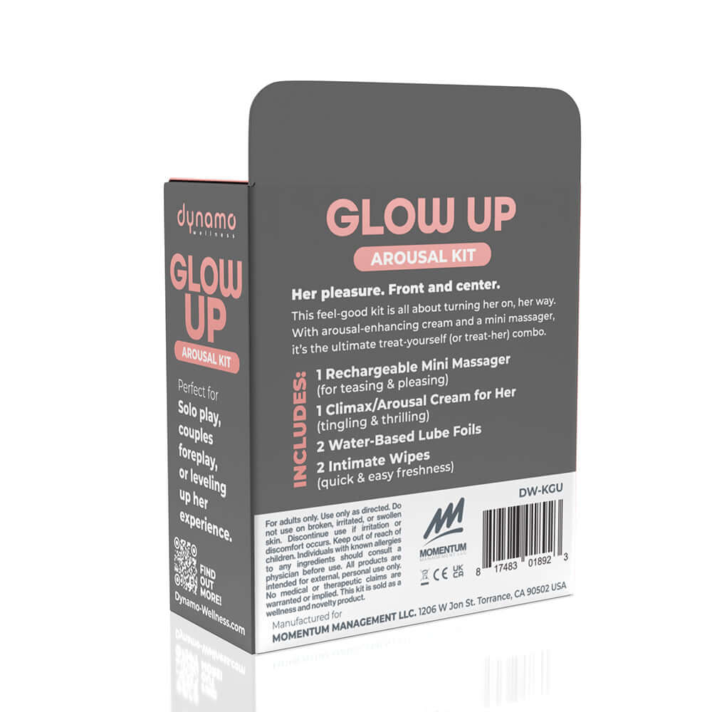 Dynamo Wellness Glow Up Intimacy Kit, includes massager, arousal cream, lube foils, and wipes for enhanced pleasure.